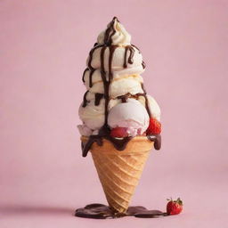 A delicious, multi-layered ice cream with a scoop of vanilla, another of strawberry, drizzled in chocolate sauce, served in a crispy waffle cone against a pastel backdrop