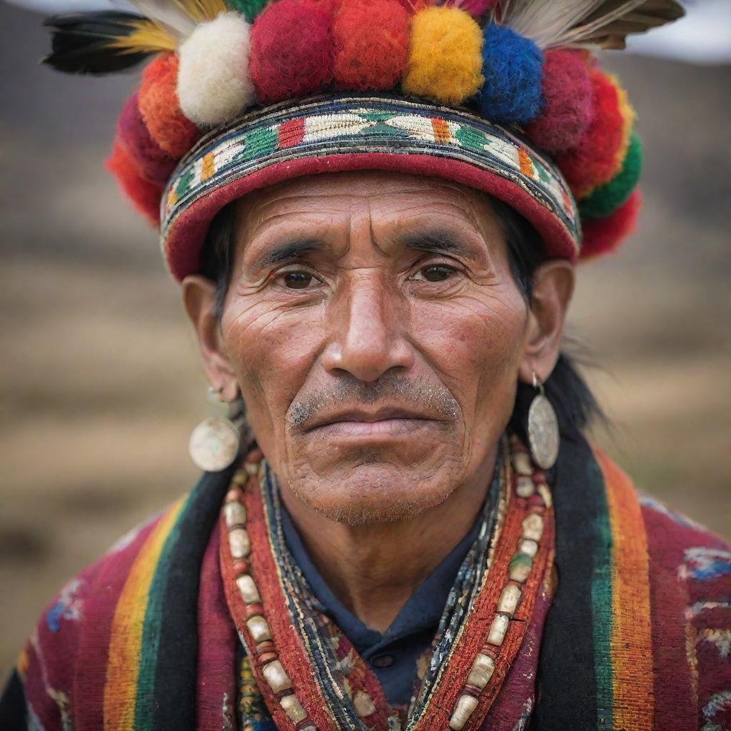 A detailed portrait of a Camba, a native inhabitant of the tropical lowlands in Bolivia, dressed in traditional garments and accessories, reflecting rich Bolivian culture.