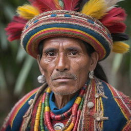 A detailed portrait of a Camba, a native inhabitant of the tropical lowlands in Bolivia, dressed in traditional garments and accessories, reflecting rich Bolivian culture.