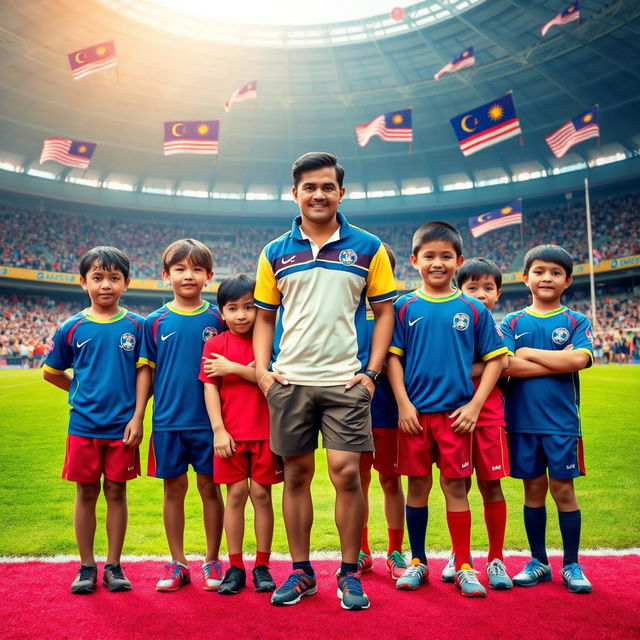 A digitally altered image depicting a group of twelve young Malaysian rugby players with a handsome coach