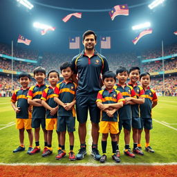 A digitally altered image depicting a group of twelve young Malaysian rugby players with a handsome coach