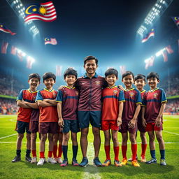 A digitally altered image depicting a group of twelve young Malaysian rugby players with a handsome coach