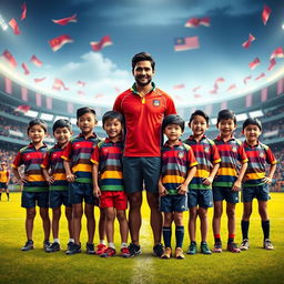 A digitally altered image depicting a group of twelve young Malaysian rugby players with a handsome coach