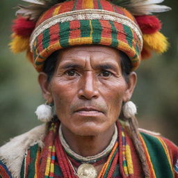 A detailed portrait of a Camba, a native inhabitant of the tropical lowlands in Bolivia, dressed in traditional garments and accessories, reflecting rich Bolivian culture.