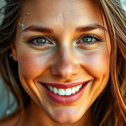 A close-up portrait of a confident adult woman with a lively expression, her face glistening as if she just splashed water on it during a refreshing morning routine, capturing her radiant smile and sparkling eyes