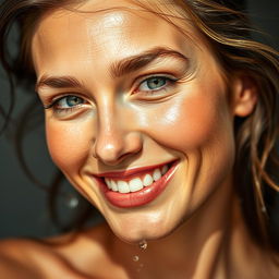 A close-up portrait of a confident adult woman with a lively expression, her face glistening as if she just splashed water on it during a refreshing morning routine, capturing her radiant smile and sparkling eyes