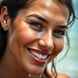 A close-up portrait of a confident adult woman with a lively expression, her face glistening as if she just splashed water on it during a refreshing morning routine, capturing her radiant smile and sparkling eyes