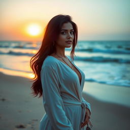 A sexy and alluring Pakistani woman in modern, stylish attire, standing on a beach