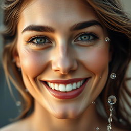 A close-up portrait of a confident adult woman with a lively expression, her face glistening as if she just splashed water on it during a refreshing morning routine, capturing her radiant smile and sparkling eyes