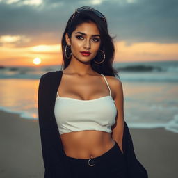 A sexy and alluring Pakistani woman in modern, stylish attire, standing on a beach