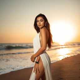 A sexy and alluring Pakistani woman in modern, stylish attire, standing on a beach