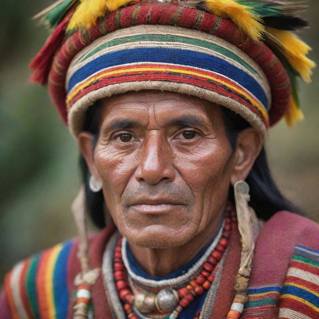 A detailed portrait of a Camba, a native inhabitant of the tropical lowlands in Bolivia, dressed in traditional garments and accessories, reflecting rich Bolivian culture.