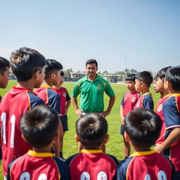 a group of young Malaysian rugby players listening attentively to their handsome coach, set against the backdrop of a lush green field