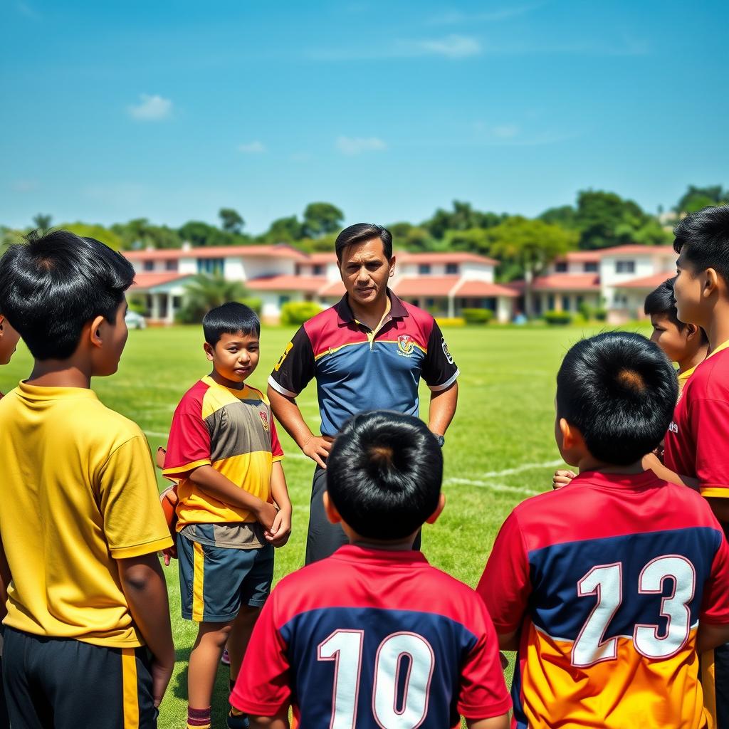 a group of young Malaysian rugby players listening attentively to their handsome coach, set against the backdrop of a lush green field