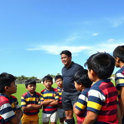 a group of young Malaysian rugby players listening attentively to their handsome coach, set against the backdrop of a lush green field