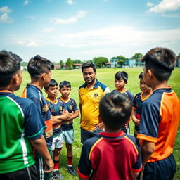 a group of young Malaysian rugby players listening attentively to their handsome coach, set against the backdrop of a lush green field