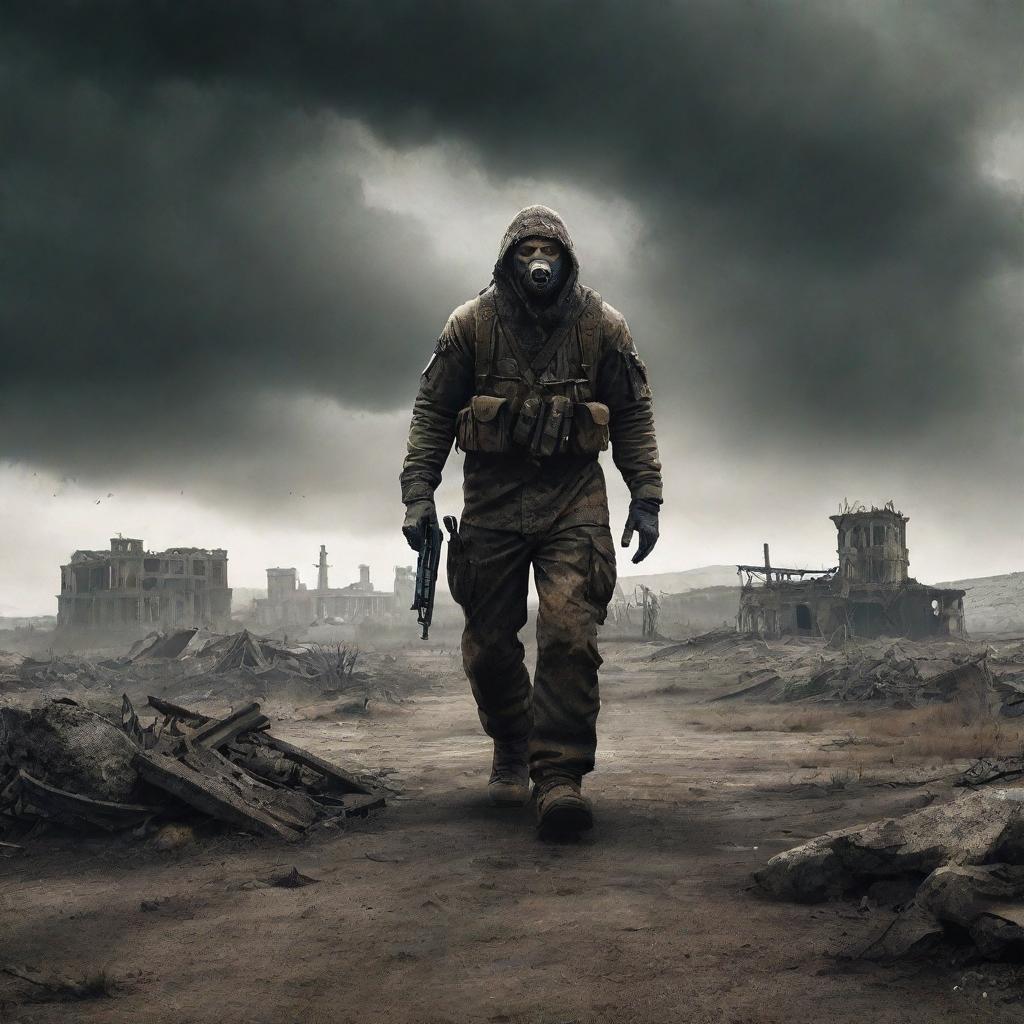 A post-apocalyptic scene inspired by the video game S.T.A.L.K.E.R., featuring a grizzled survivor in weathered gear traversing a radiated, deserted landscape with ruins under an ominous sky.