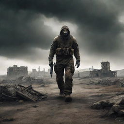 A post-apocalyptic scene inspired by the video game S.T.A.L.K.E.R., featuring a grizzled survivor in weathered gear traversing a radiated, deserted landscape with ruins under an ominous sky.