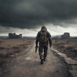 A post-apocalyptic scene inspired by the video game S.T.A.L.K.E.R., featuring a grizzled survivor in weathered gear traversing a radiated, deserted landscape with ruins under an ominous sky.