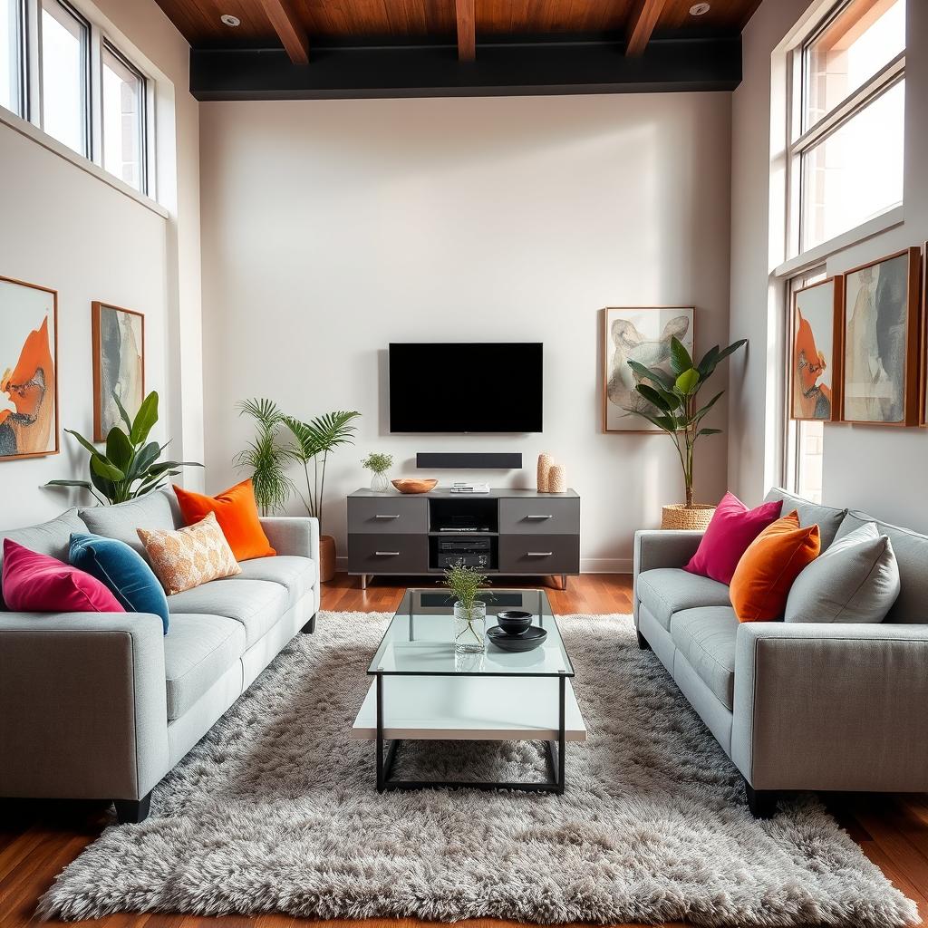 A cozy and inviting living room with a contemporary design, featuring a plush sectional sofa in a soft gray tone, accented by vibrant throw pillows in various colors