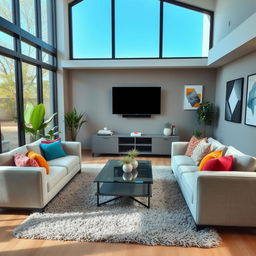 A cozy and inviting living room with a contemporary design, featuring a plush sectional sofa in a soft gray tone, accented by vibrant throw pillows in various colors