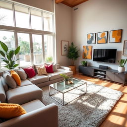 A cozy and inviting living room with a contemporary design, featuring a plush sectional sofa in a soft gray tone, accented by vibrant throw pillows in various colors