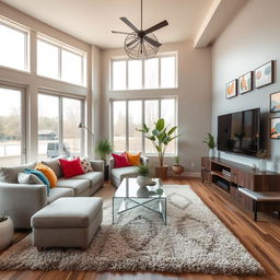 A cozy and inviting living room with a contemporary design, featuring a plush sectional sofa in a soft gray tone, accented by vibrant throw pillows in various colors