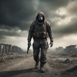 A post-apocalyptic scene inspired by the video game S.T.A.L.K.E.R., featuring a grizzled survivor in weathered gear traversing a radiated, deserted landscape with ruins under an ominous sky.