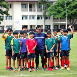 a group of young Malaysian rugby players along with their coach posing together on a school rugby field