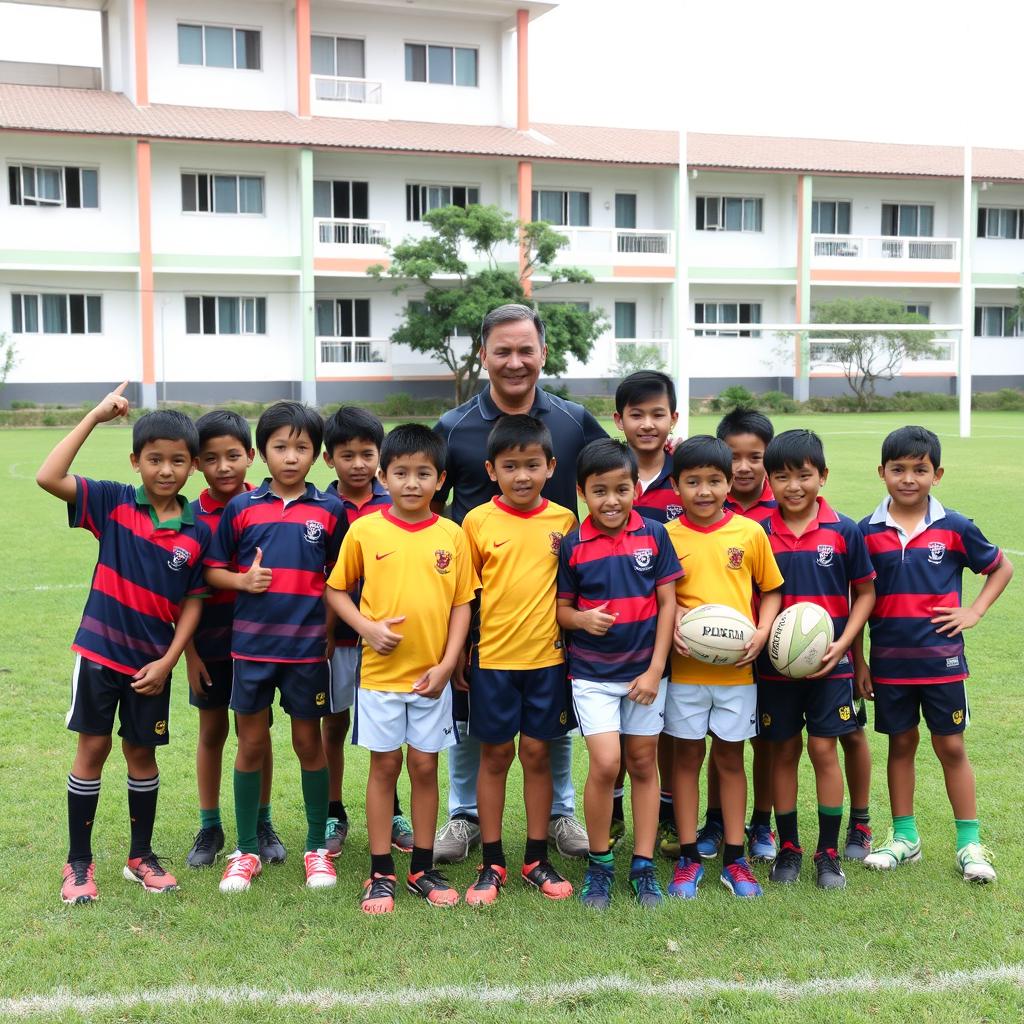 a group of young Malaysian rugby players along with their coach posing together on a school rugby field