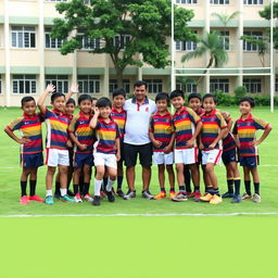 a group of young Malaysian rugby players along with their coach posing together on a school rugby field