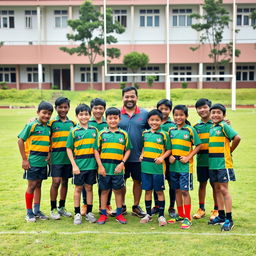 a group of young Malaysian rugby players along with their coach posing together on a school rugby field