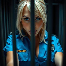 Extreme close-up of a sexy blonde police officer, capturing her in a moment of provocative allure