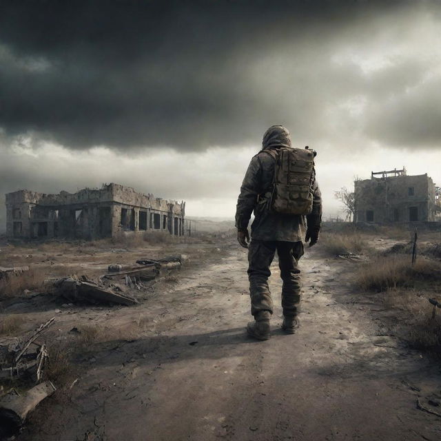 A post-apocalyptic scene inspired by the video game S.T.A.L.K.E.R., featuring a grizzled survivor in weathered gear traversing a radiated, deserted landscape with ruins under an ominous sky.