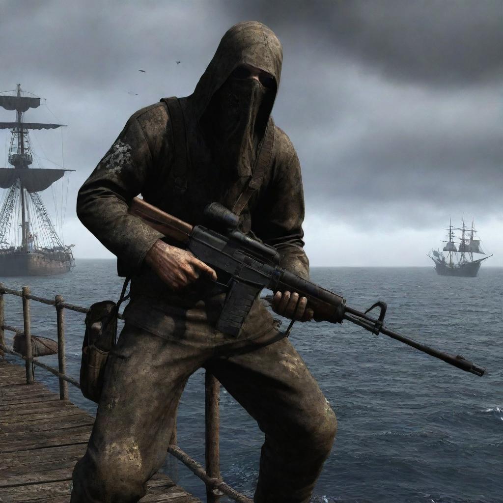 A character from the S.T.A.L.K.E.R video game series, clothed in Stalker suit, aiming AK-74 onboard a pirate ship, with high masts, tattered sails, and the open sea around.