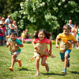 Three young kids racing in a burlap sack race, outdoors during a sunny day in a green park, with joyful expressions on their faces