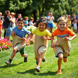 Three young kids racing in a burlap sack race, outdoors during a sunny day in a green park, with joyful expressions on their faces