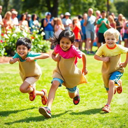 Three young kids racing in a burlap sack race, outdoors during a sunny day in a green park, with joyful expressions on their faces