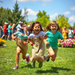 Three young kids racing in a burlap sack race, outdoors during a sunny day in a green park, with joyful expressions on their faces