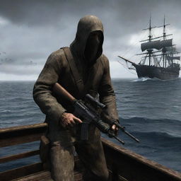 A character from the S.T.A.L.K.E.R video game series, clothed in Stalker suit, aiming AK-74 onboard a pirate ship, with high masts, tattered sails, and the open sea around.