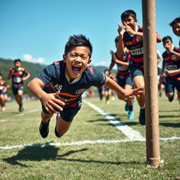 a young Malaysian rugby player diving across the try line with determination, as he scores a try during a thrilling match