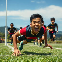 a young Malaysian rugby player diving across the try line with determination, as he scores a try during a thrilling match