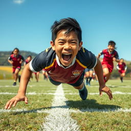 a young Malaysian rugby player diving across the try line with determination, as he scores a try during a thrilling match