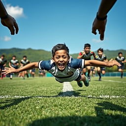 a young Malaysian rugby player diving across the try line with determination, as he scores a try during a thrilling match