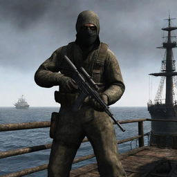 A character from the S.T.A.L.K.E.R video game series, clothed in Stalker suit, aiming AK-74 onboard a pirate ship, with high masts, tattered sails, and the open sea around.