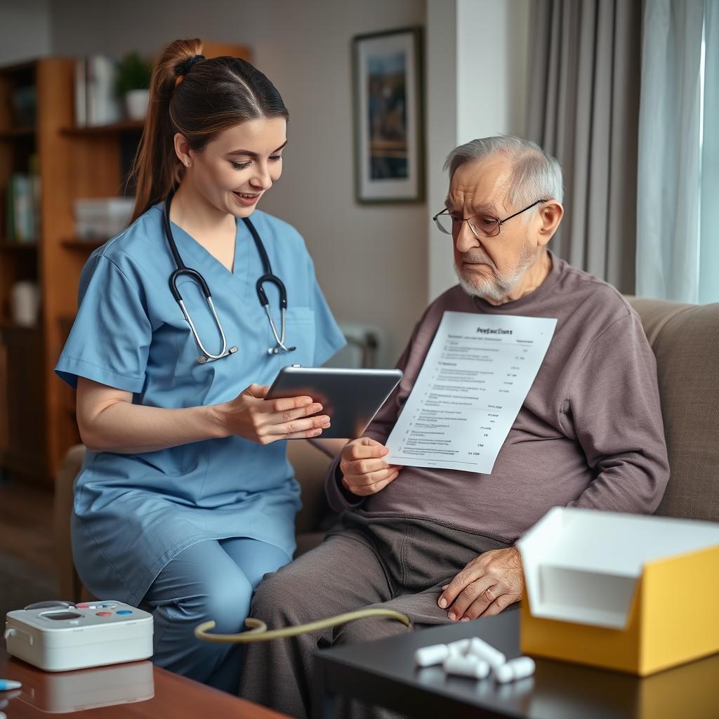 A realistic image of an elderly person appearing to be in recovery at home, with a nurse in a professional uniform checking a list of medical instructions on a tablet