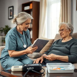 A realistic image of an elderly person appearing to be in recovery at home, with a nurse in a professional uniform checking a list of medical instructions on a tablet