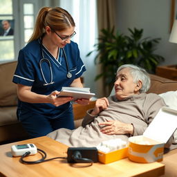 A realistic image of an elderly person appearing to be in recovery at home, with a nurse in a professional uniform checking a list of medical instructions on a tablet