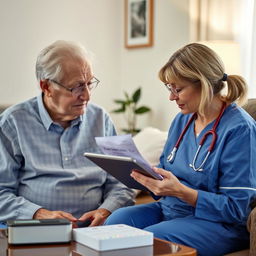 A realistic image of an elderly person appearing to be in recovery at home, with a nurse in a professional uniform checking a list of medical instructions on a tablet