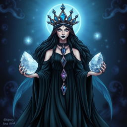 A mystical depiction of the High Priestess Goddess, adorned in a black flowing dress, exuding an air of mystery and wisdom